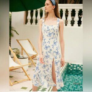 NWT RIOHAS Square neck ruffle trim midi dress Large